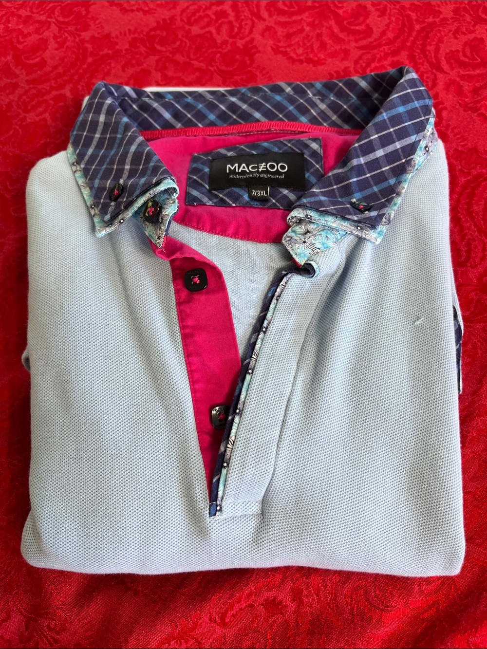Maceoo Men’s 3XL Light Blue Polo Shirt Contrast Plaid Collar Pink Trim Designer